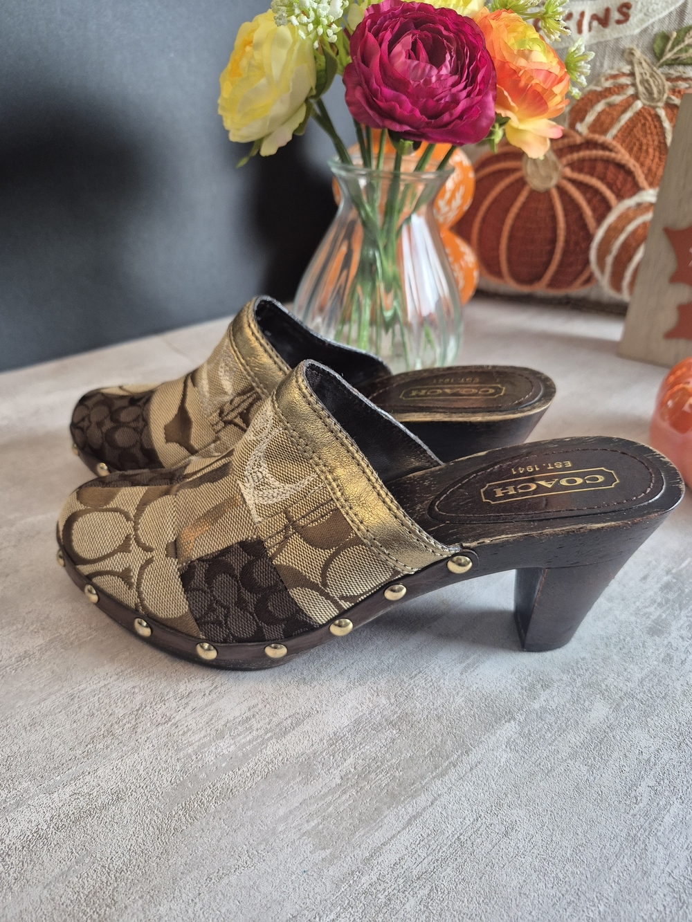Coach Brown Signature Canvas Clog Heels with Gold Accents.Size 7m